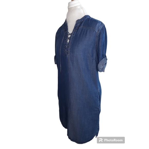 PHILOSOPHY Women BLUE Tencel Lace Up Tunic Jean Shirt Dress L w cuffed sleeves - Picture 5 of 7